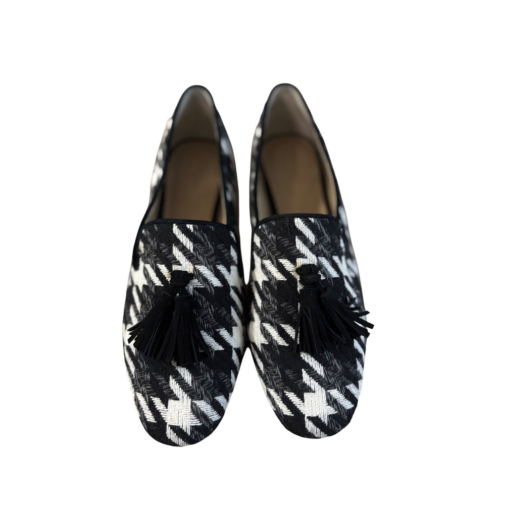 Ann Taylor‎ Houndstooth Tassel Loafers Black White Textile Leather 6.5M
